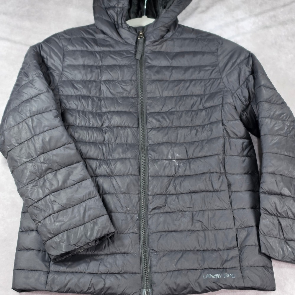 Lands' End Puffer Jacket Kids L 10-12 Black Good PrimaLoft Insulated Hooded